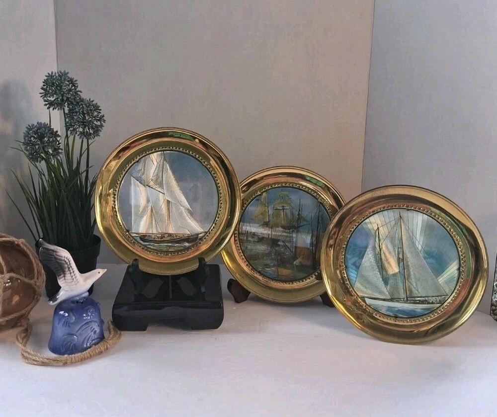 VTG! MCM Nautical Gold Foil NAUTICAL Art Plate SET; 3 PC Brass Dish Wall Hanging